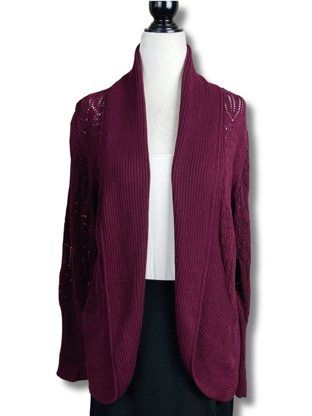 ALIA PETITE Maroon open weave diamond striped open-front cardigan MEDIUM LARGE